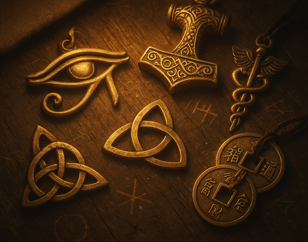 Mesa com os símbolos e amuletos mais famosos das mitologias antigas, incluindo Olho de Hórus, Mjölnir, triquetra e caduceu de Hermes