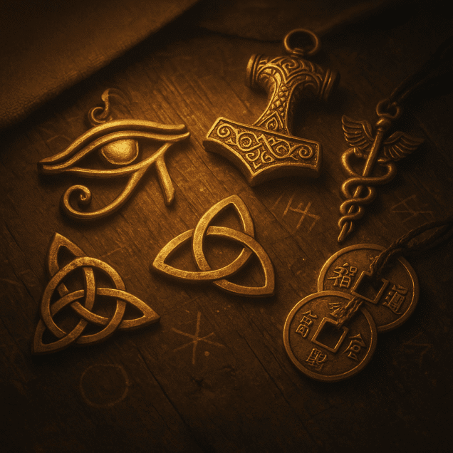 Mesa com os símbolos e amuletos mais famosos das mitologias antigas, incluindo Olho de Hórus, Mjölnir, triquetra e caduceu de Hermes