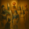 Principais deuses da mitologia egípcia reunidos em um templo sagrado.