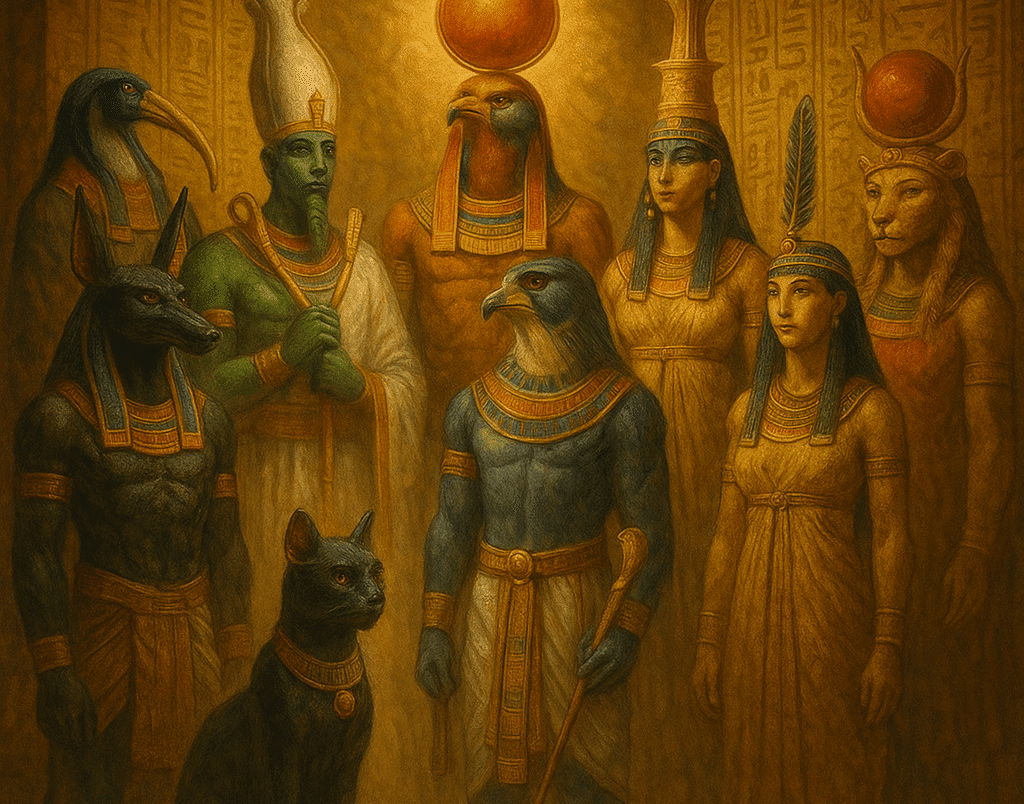 Principais deuses da mitologia egípcia reunidos em um templo sagrado.