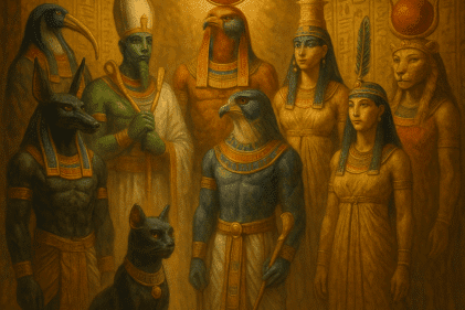 Principais deuses da mitologia egípcia reunidos em um templo sagrado.