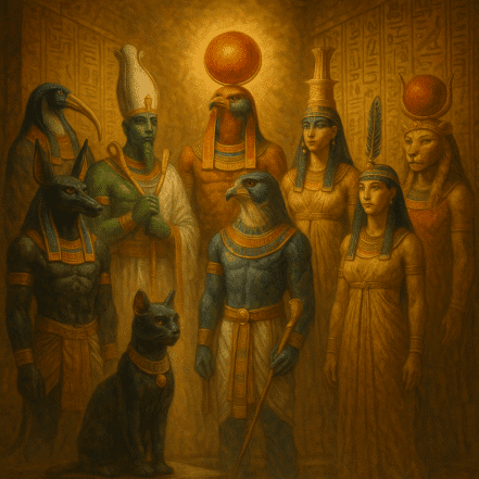 Principais deuses da mitologia egípcia reunidos em um templo sagrado.