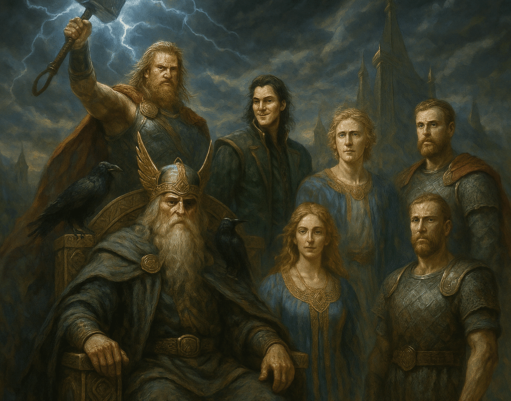 Principais deuses da mitologia nórdica reunidos em Asgard.