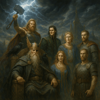 Principais deuses da mitologia nórdica reunidos em Asgard.