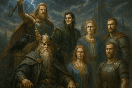 Principais deuses da mitologia nórdica reunidos em Asgard.