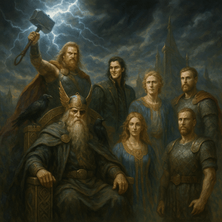 Principais deuses da mitologia nórdica reunidos em Asgard.