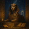 Esfinge como guardiã do conhecimento, cercada por símbolos antigos e enigmas.