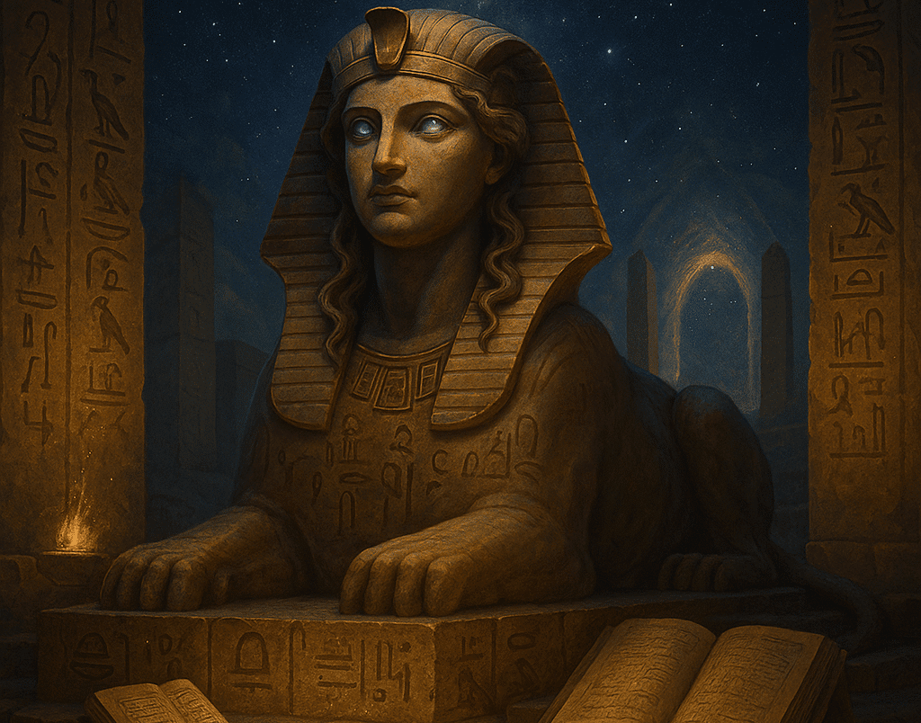 Esfinge como guardiã do conhecimento, cercada por símbolos antigos e enigmas.