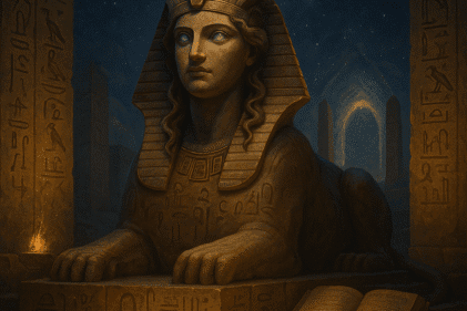 Esfinge como guardiã do conhecimento, cercada por símbolos antigos e enigmas.