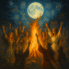 Alternativo para Imagem: Pessoas celebrando ao redor de uma fogueira durante festivais pagãos.
