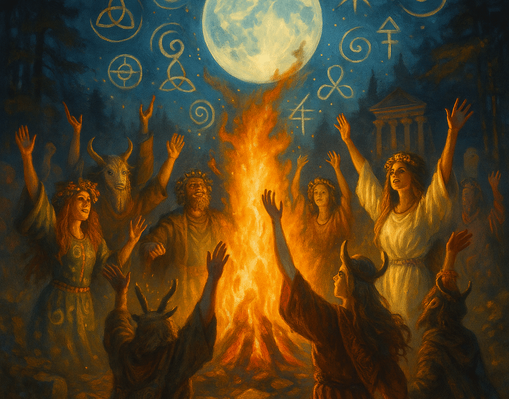 Alternativo para Imagem: Pessoas celebrando ao redor de uma fogueira durante festivais pagãos.