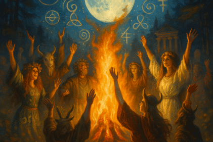 Alternativo para Imagem: Pessoas celebrando ao redor de uma fogueira durante festivais pagãos.