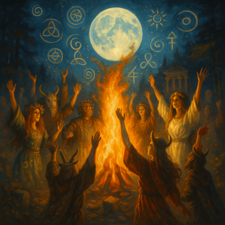 Alternativo para Imagem: Pessoas celebrando ao redor de uma fogueira durante festivais pagãos.