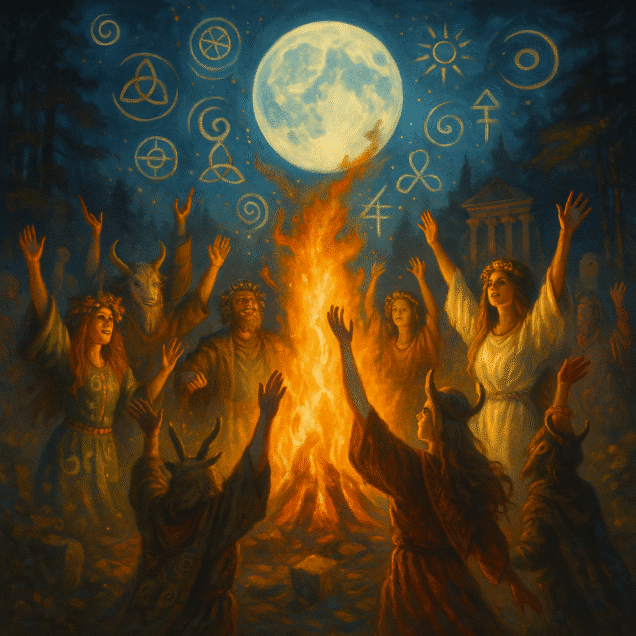 Alternativo para Imagem: Pessoas celebrando ao redor de uma fogueira durante festivais pagãos.