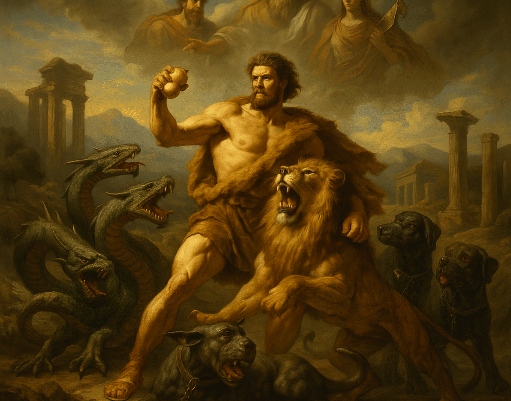 Hércules realizando seus doze trabalhos na mitologia grega.