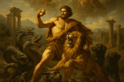 Hércules realizando seus doze trabalhos na mitologia grega.