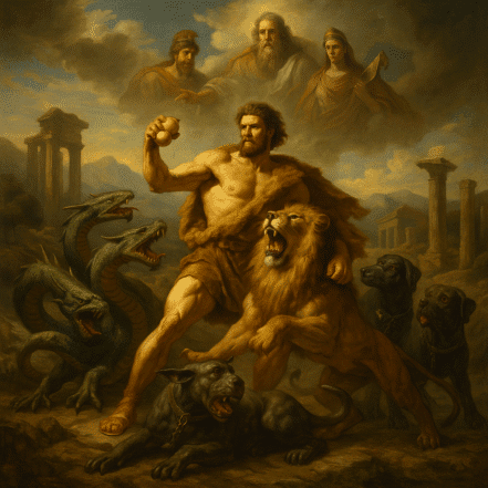 Hércules realizando seus doze trabalhos na mitologia grega.