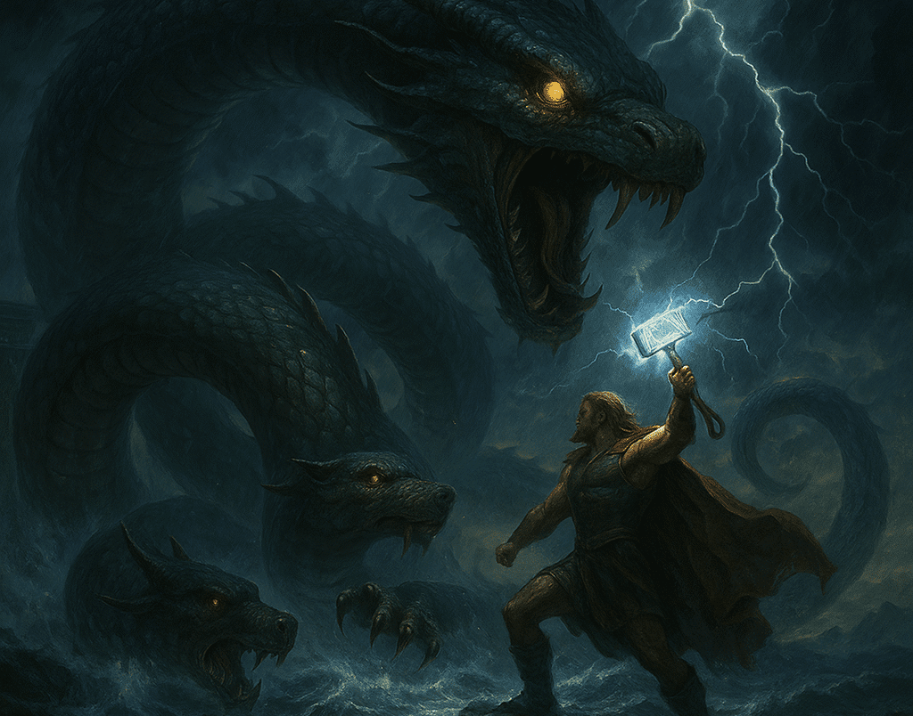 Jörmungandr, a Serpente do Mundo, enfrentando Thor no Ragnarok.