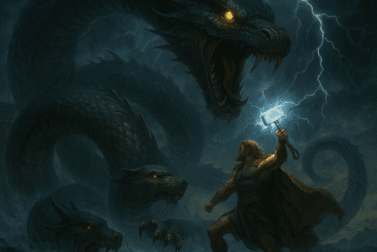 Jörmungandr, a Serpente do Mundo, enfrentando Thor no Ragnarok.