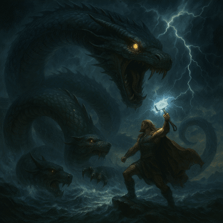 Jörmungandr, a Serpente do Mundo, enfrentando Thor no Ragnarok.