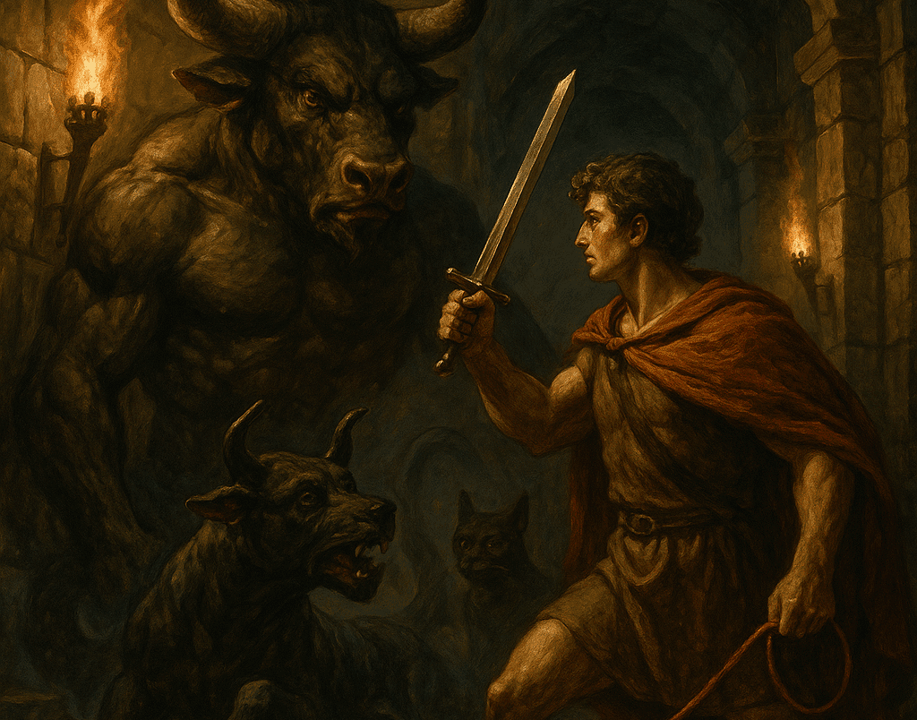 Minotauro no labirinto enfrentando Teseu, cena clássica da mitologia grega.