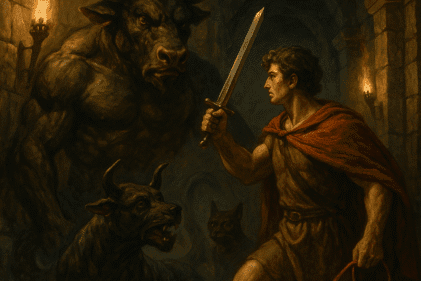 Minotauro no labirinto enfrentando Teseu, cena clássica da mitologia grega.