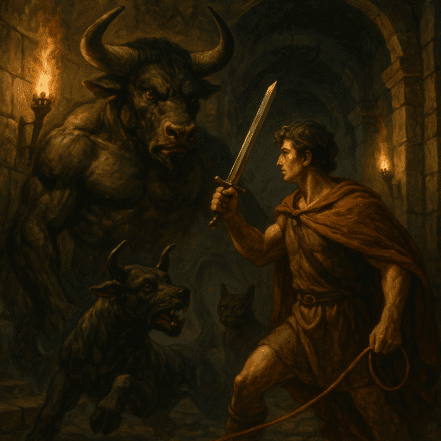 Minotauro no labirinto enfrentando Teseu, cena clássica da mitologia grega.