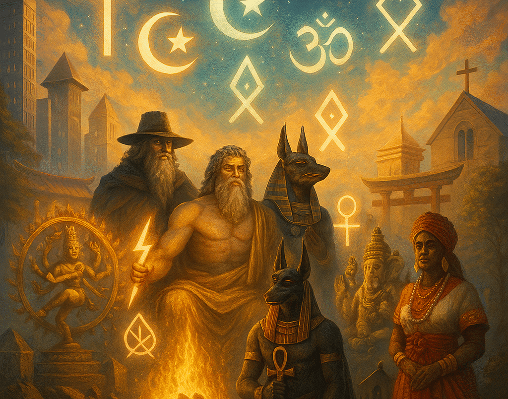 Ilustração de como as mitologias influenciam religiões e costumes modernos.