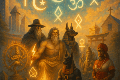 Ilustração de como as mitologias influenciam religiões e costumes modernos.