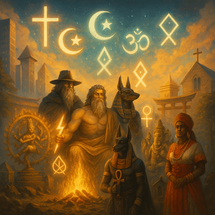 Ilustração de como as mitologias influenciam religiões e costumes modernos.