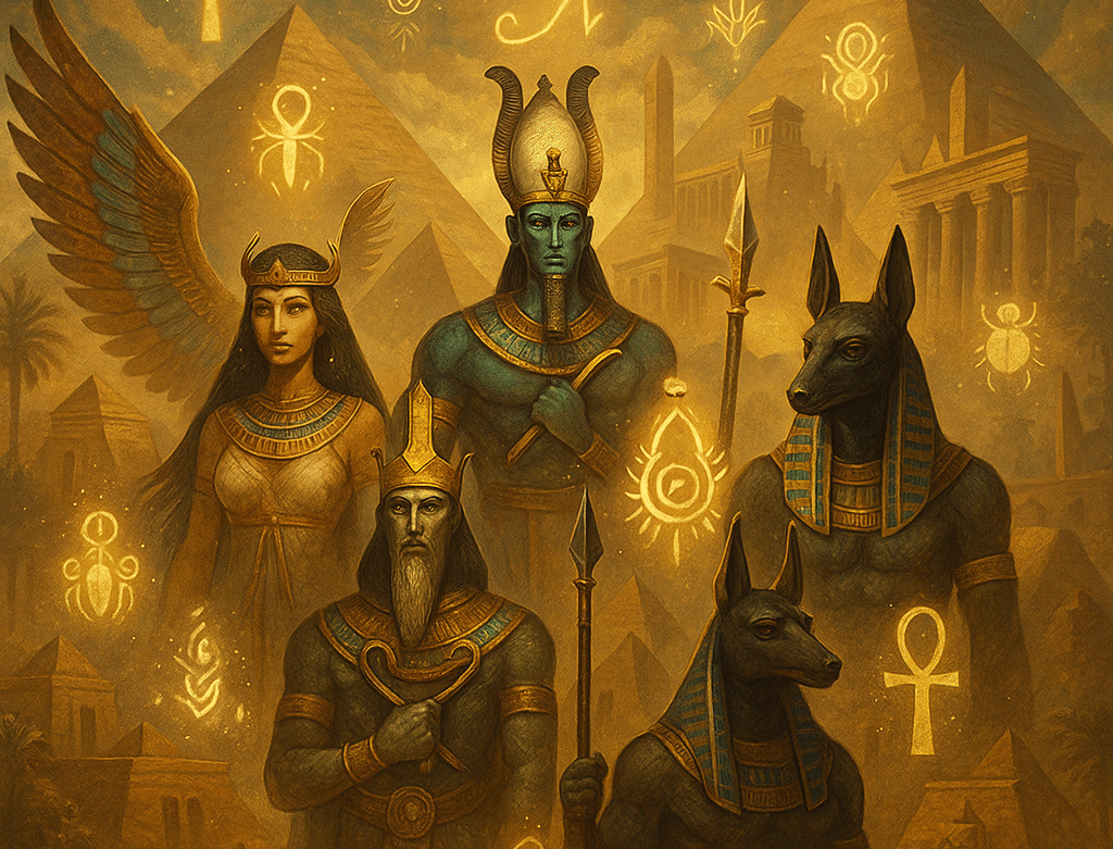 Ilustração de deuses e heróis da mitologia egípcia