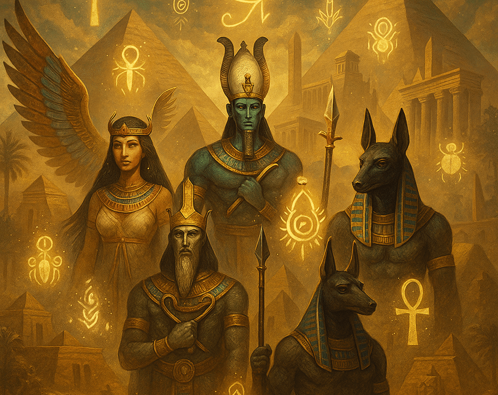 Ilustração de deuses e heróis da mitologia egípcia