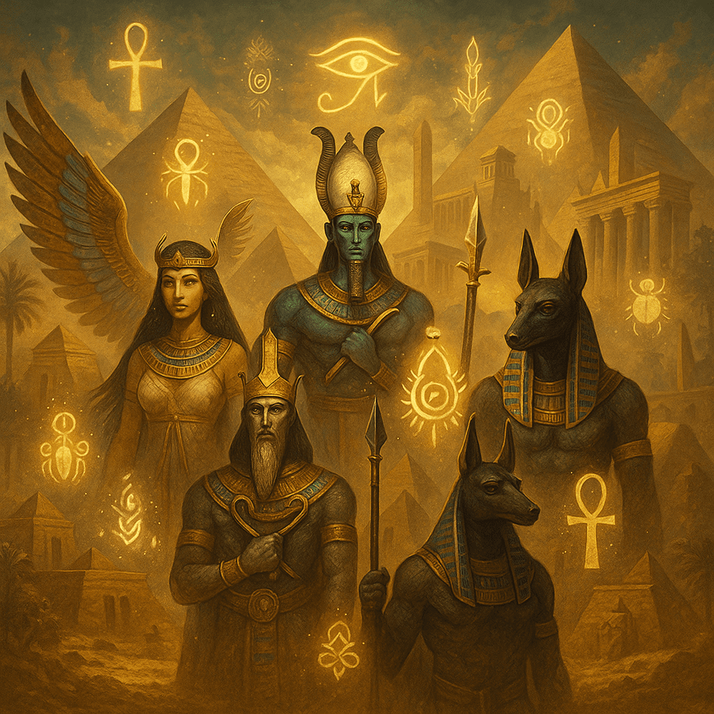 Ilustração de deuses e heróis da mitologia egípcia