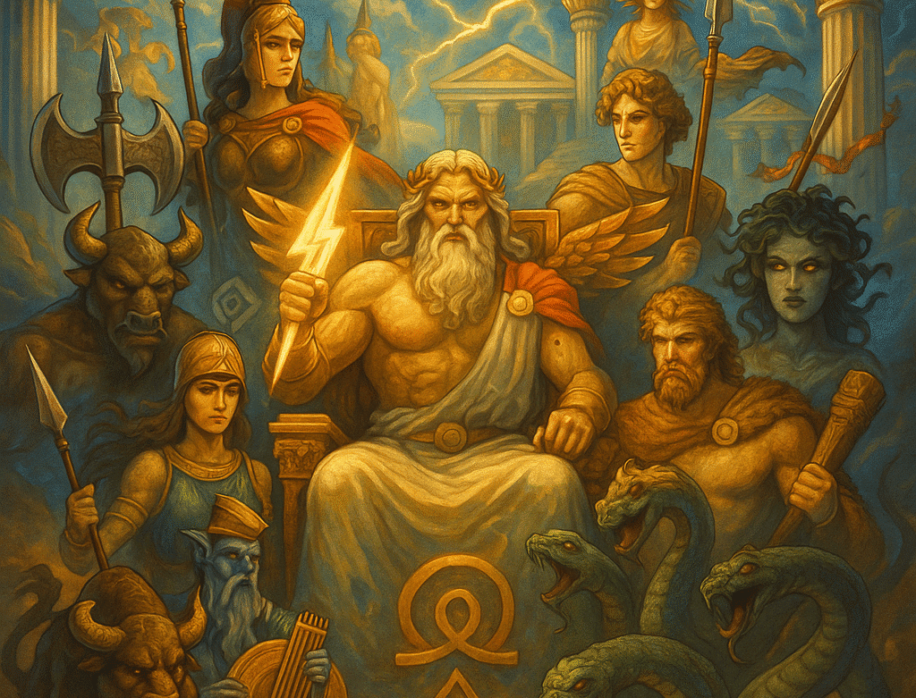 Ilustração de deuses e heróis da mitologia grega