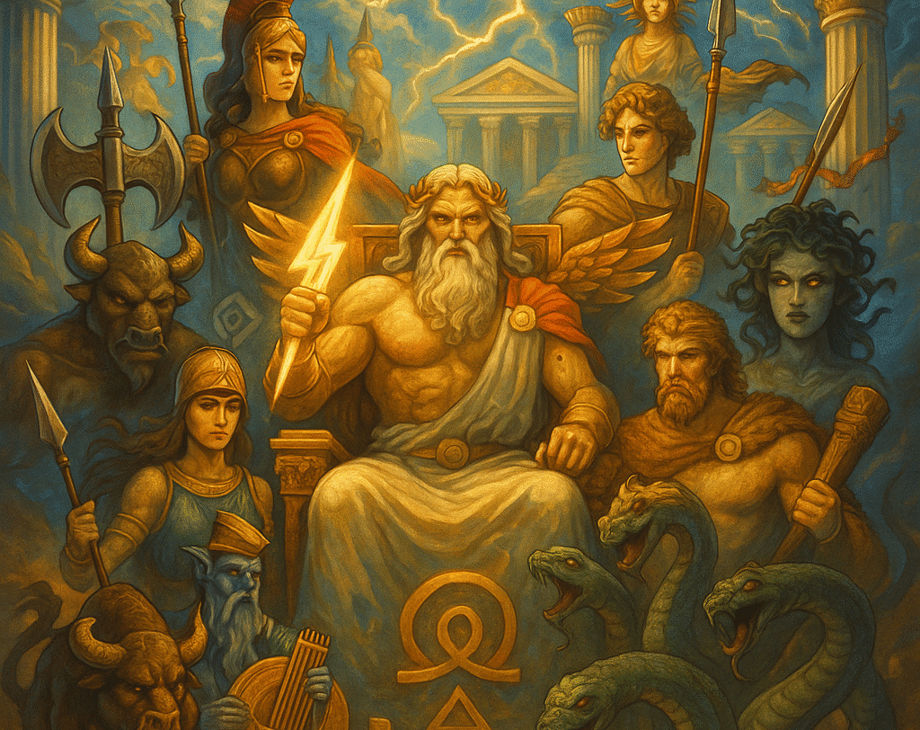 Ilustração de deuses e heróis da mitologia grega