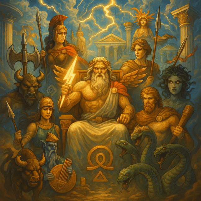 Ilustração de deuses e heróis da mitologia grega