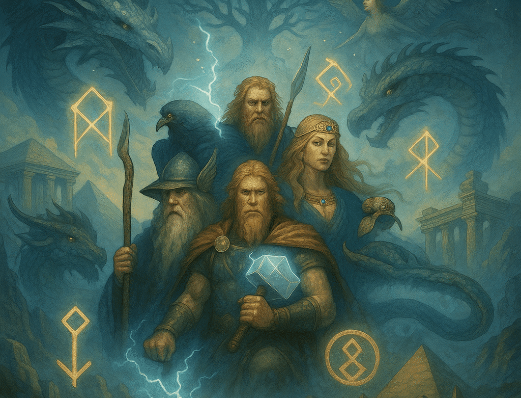 Ilustração de deuses e heróis da mitologia nórdica