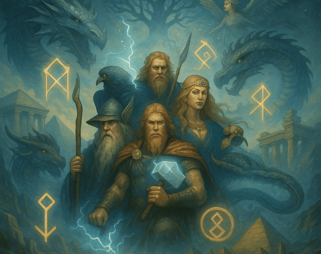 Ilustração de deuses e heróis da mitologia nórdica