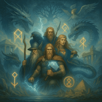 Ilustração de deuses e heróis da mitologia nórdica