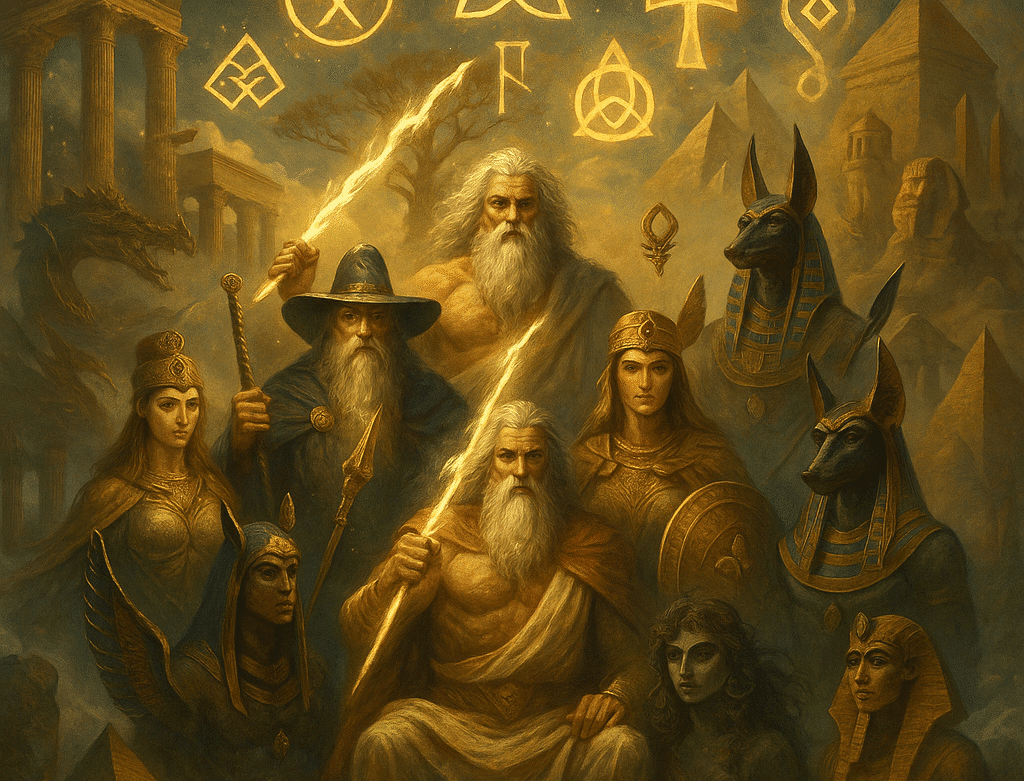 Ilustração de mitologias antigas reunindo gregos, nórdicos e egípcios