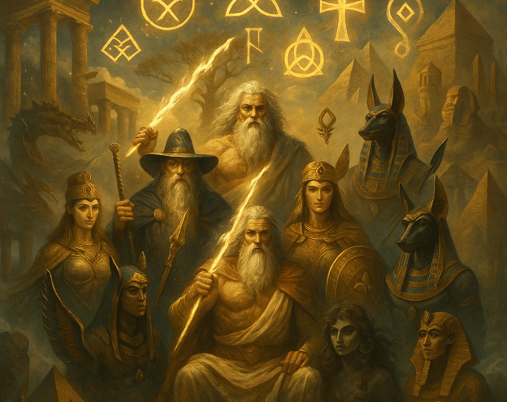 Ilustração de mitologias antigas reunindo gregos, nórdicos e egípcios
