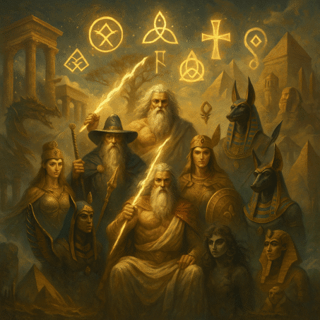 Ilustração de mitologias antigas reunindo gregos, nórdicos e egípcios