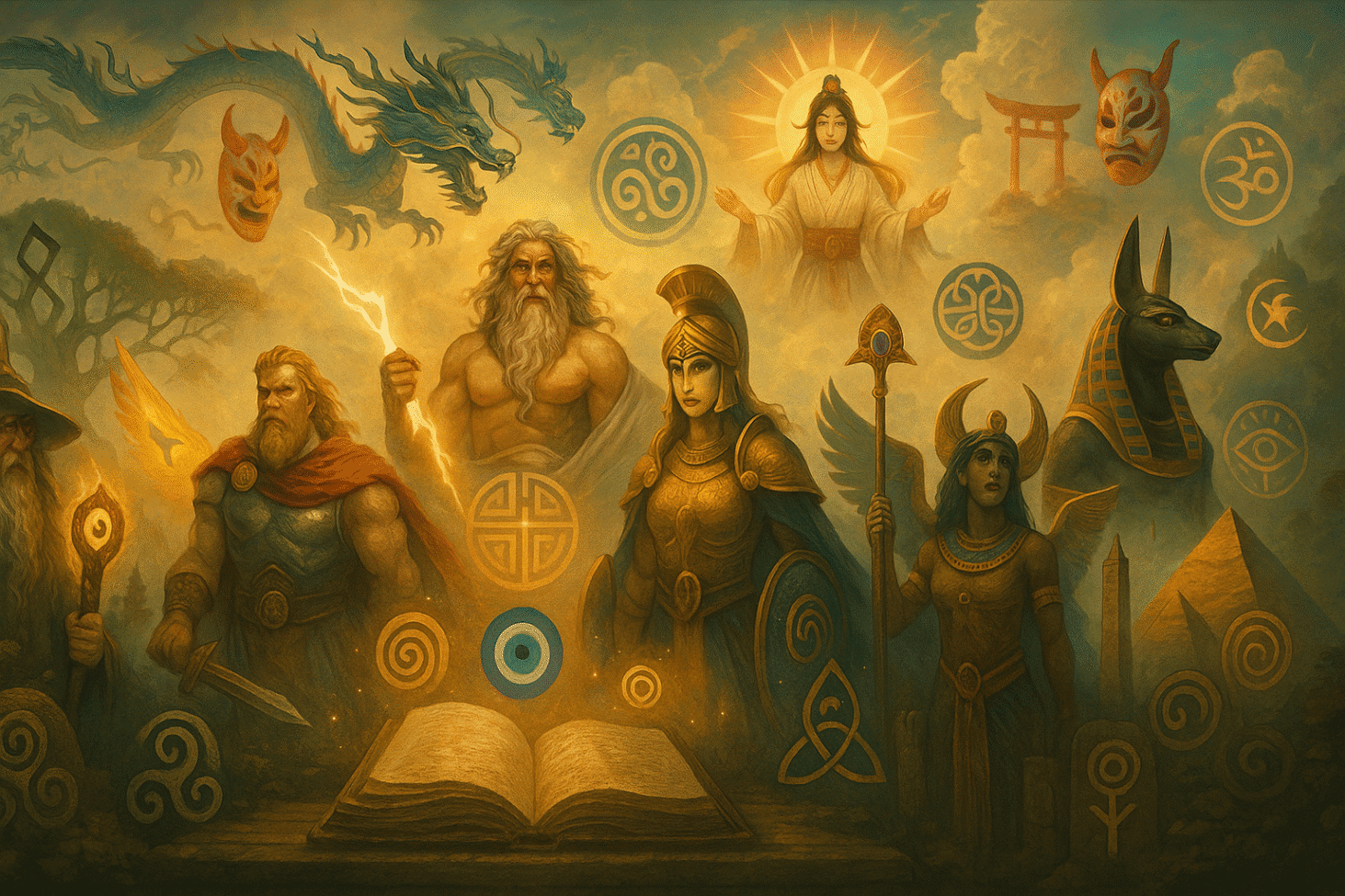 Capa ilustrada reunindo deuses, criaturas e símbolos das mitologias nórdica, grega, egípcia, celta, japonesa e asiática, com cenário místico e multicultural ao fundo.
