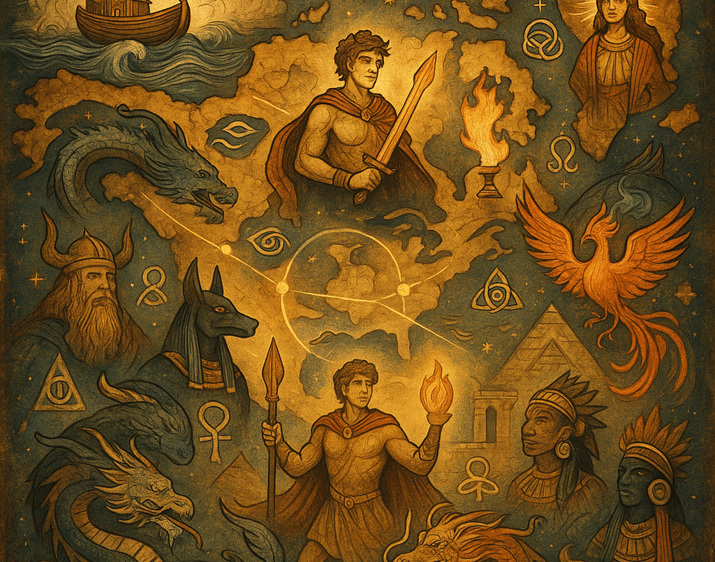 Símbolos míticos de diferentes culturas representando mitos semelhantes em culturas diferentes