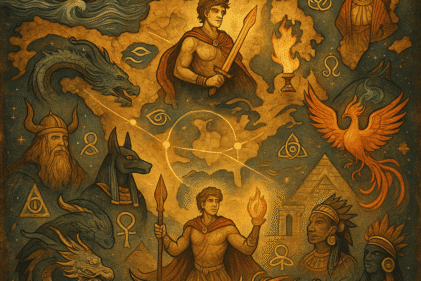 Símbolos míticos de diferentes culturas representando mitos semelhantes em culturas diferentes