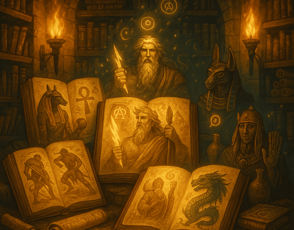 Imagem representando o conceito de mitologia: uma biblioteca antiga iluminada por tochas, repleta de pergaminhos e livros abertos, ilustrando deuses, heróis e criaturas míticas de diferentes culturas ao redor do mundo.