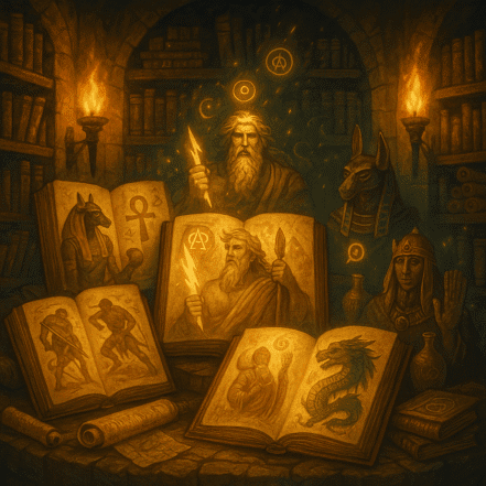 Imagem representando o conceito de mitologia: uma biblioteca antiga iluminada por tochas, repleta de pergaminhos e livros abertos, ilustrando deuses, heróis e criaturas míticas de diferentes culturas ao redor do mundo.