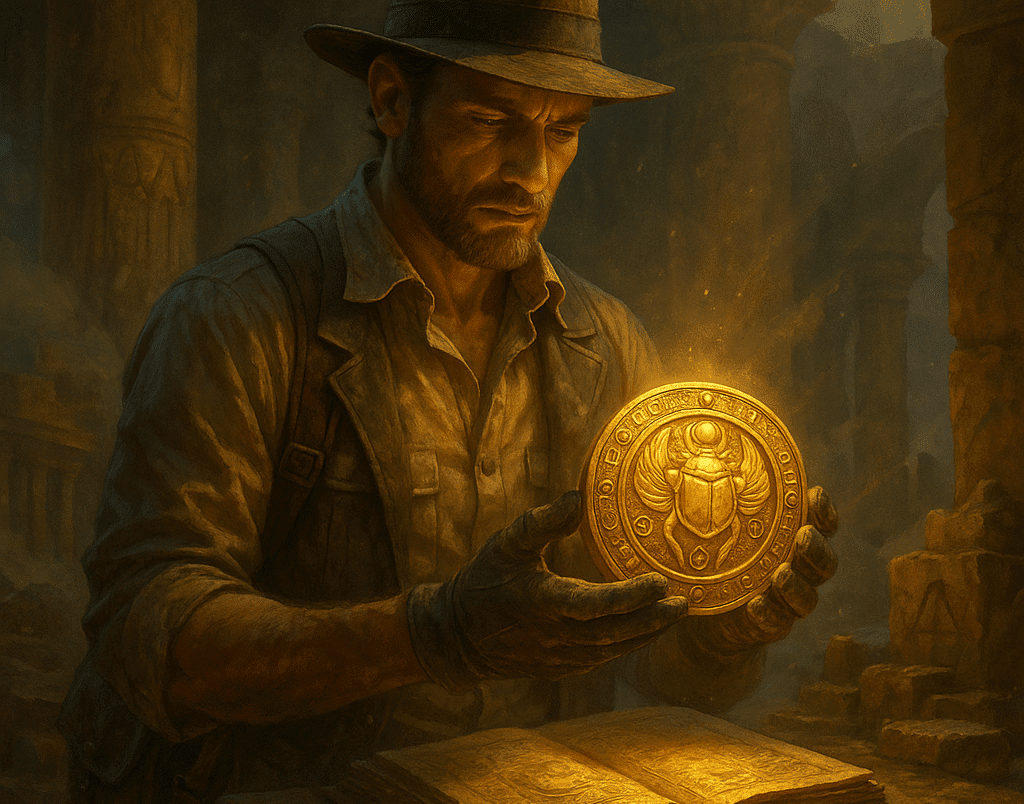 Arqueólogo examinando relíquias e artefatos mitológicos antigos.