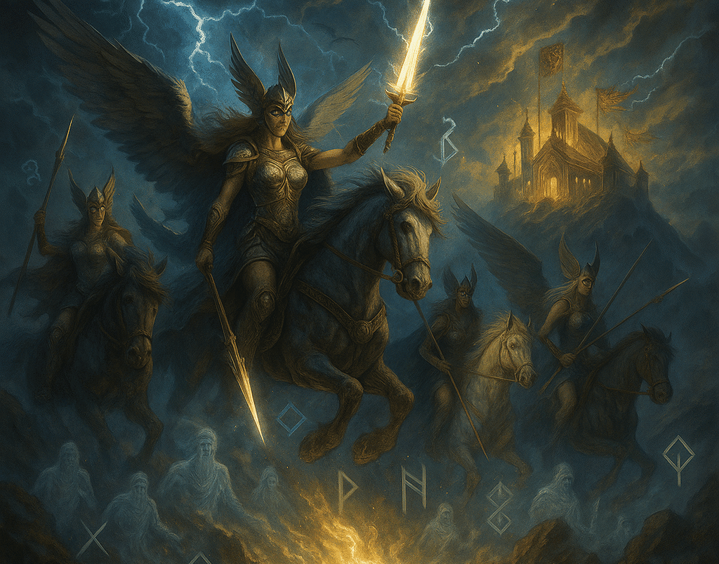 Valquírias conduzindo guerreiros caídos ao Valhala na mitologia nórdica