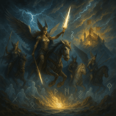 Valquírias conduzindo guerreiros caídos ao Valhala na mitologia nórdica